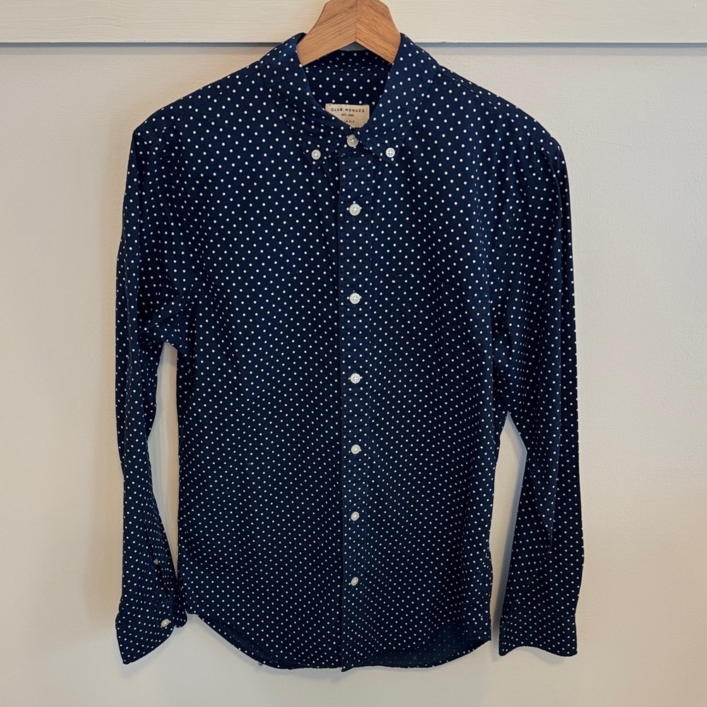 Club Monaco Men’s Slim Fit Polka Dot Button Down Shirt Navy White Preppy Size S